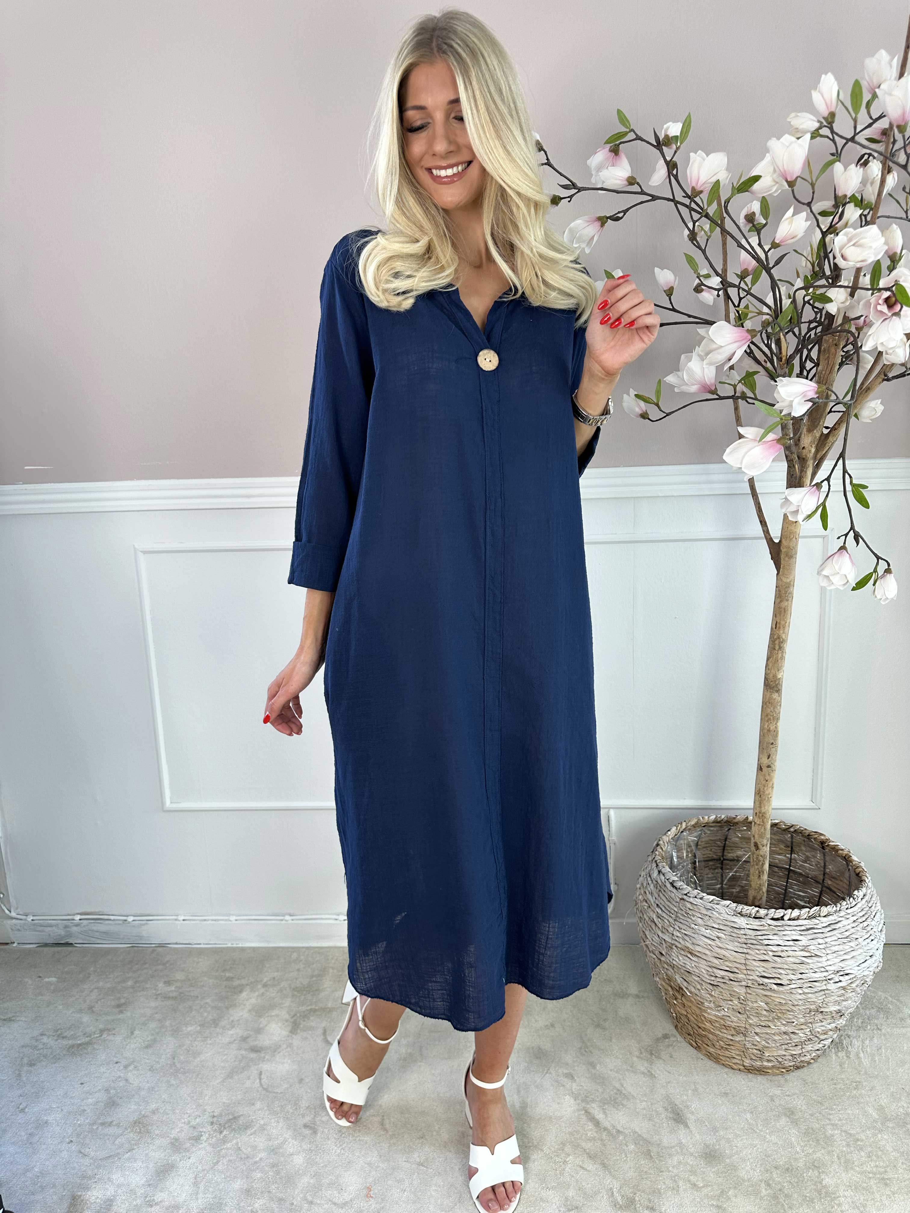 Arizona - Lang bomuldskjole i hørlignende stof